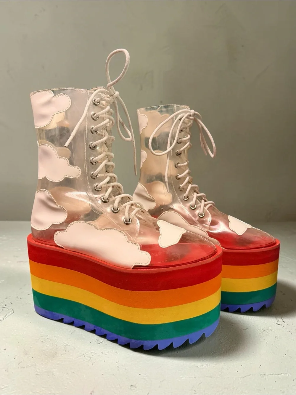 Clear Lace-Up Platform Boots with Rainbow Stripe Sole
